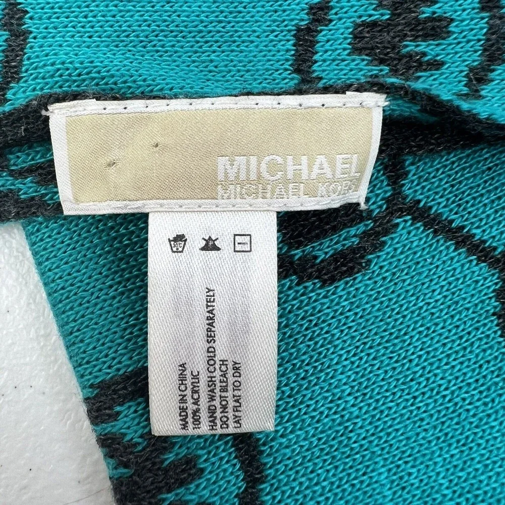Michael Kors Scarf Reversible MK Logo Monogram Knit Teal Charcoal Grey Accessory